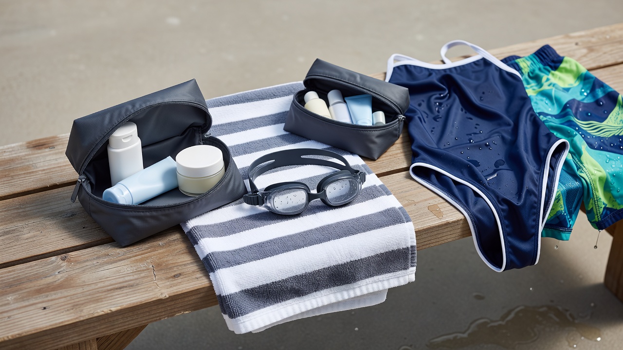 Compact toiletry pouch with sunscreen, cleanser and moisturizer beside a folded towel and swim goggles