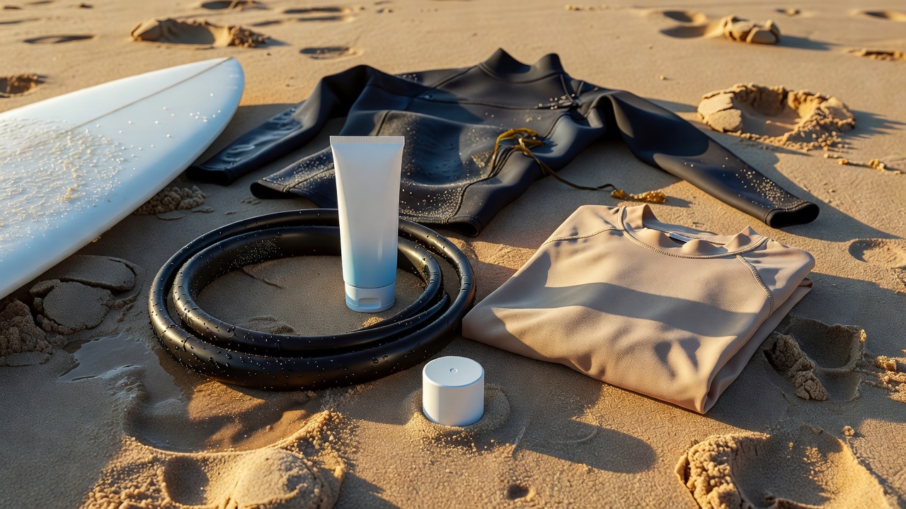 Sunscreen tube beside a wet surf leash and folded sun-protective shirt